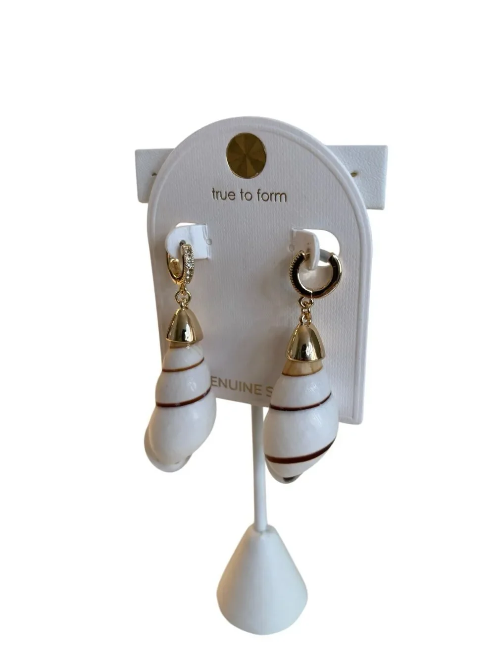 True to Form Small Pave Huggie Hoop Conch Shell Drop Earrings.